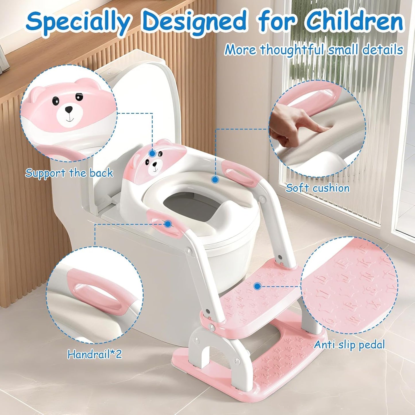 Potty Training Seat with Step Stool for Toddlers - Upgrade 2-in-1 Toilet Seat Toilet Ladder for Kids Children Boys Girls, Anti-Slip Pad & Adjustable Height with Waterproof - Pink
