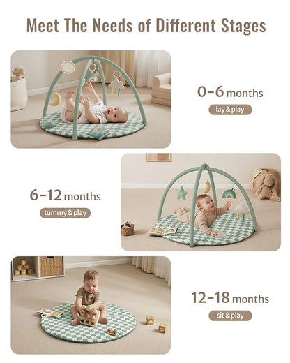 Blissful Diary Baby Play Gym Mat, Play Mat Activity Mat with 6 Detachable Toys for Stage-Based Sensory & Motor Skill Development, Easy to Install & Clean, Baby Essentials Gift, Sage Checkerboard