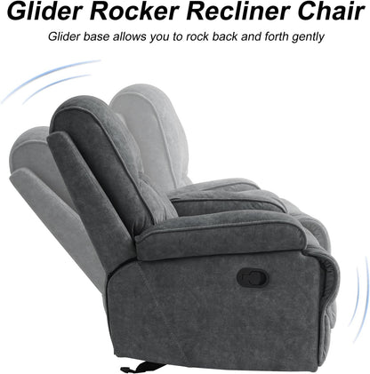 Swivel Rocker Recliner Chair for Adults, High Back Fabric Recliner with Deep Seat, Manual Glider for Living Room & Nursery, Grey