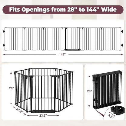 144" Extra Wide Baby Gate with Door, Configurable 6 Panels Baby Fence, Fireplace Gate with Anti-Trip Pedal, Family Essentials Safety Gate for Child Dogs Pets, 28'' Tall Black