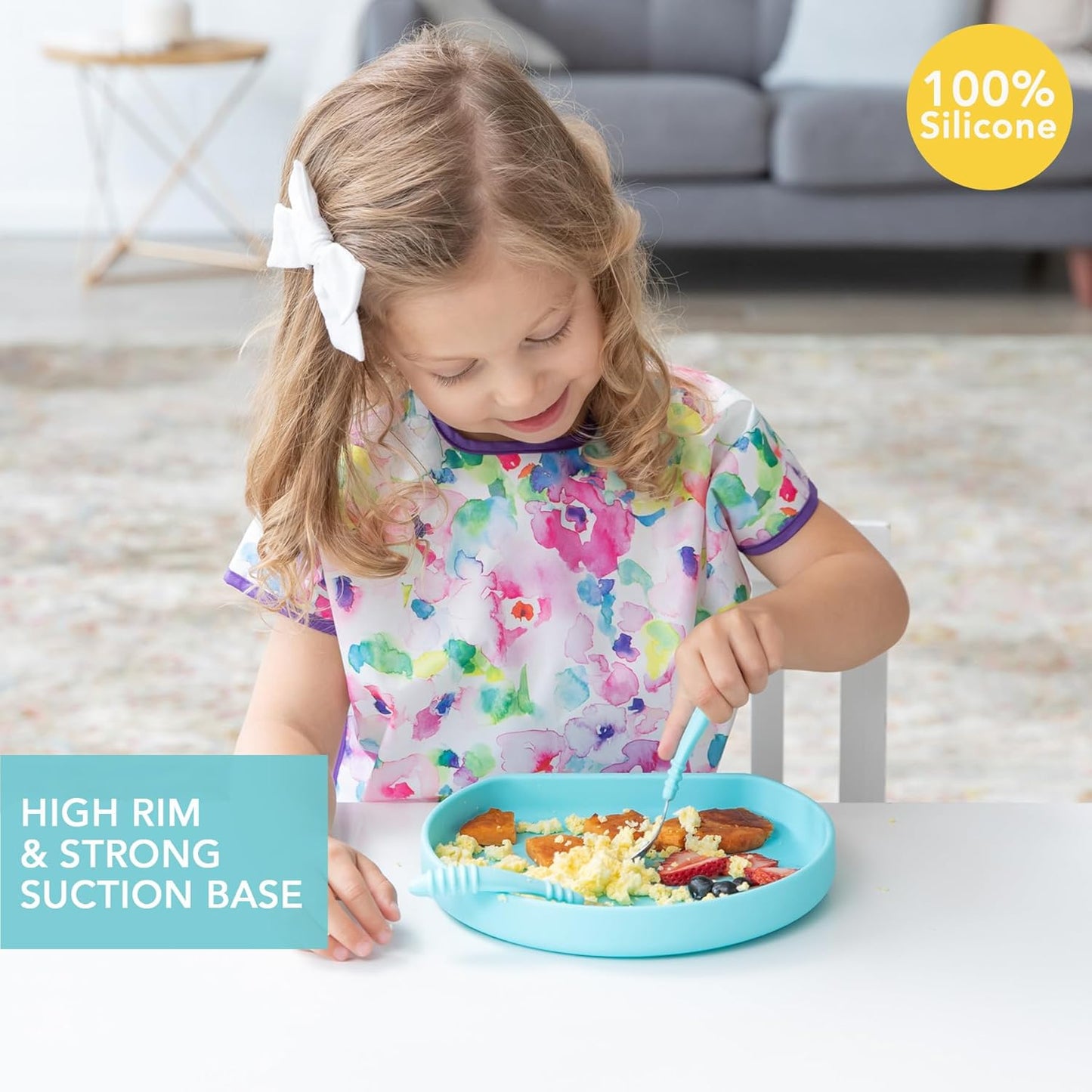 Bumkins Toddler and Baby Suction Plate, Divided Grip Dish for Babies and Kids, Baby Led Weaning, Feeding Supplies, Sticks to Tables and Highchairs, Platinum Silicone, for Chidren 6 Months, Gray