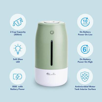 LivePure Cool Mist Humidifiers for Bedroom. Small Humidifier for Babies, Nursery, Plants, Office. Ultrasonic Cool Mist Humidifier w/Quiet Operation, USB-C Rechargeable. Rose Quartz