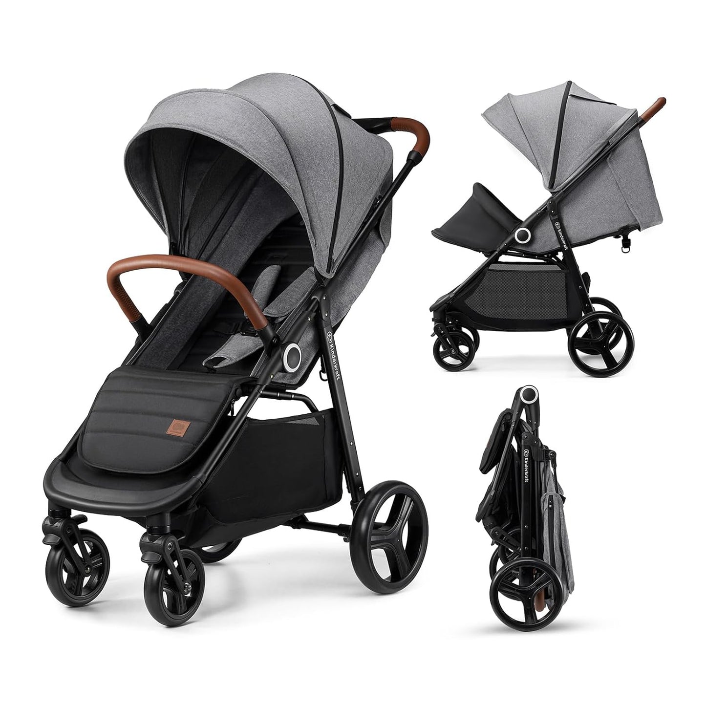 Kinderkraft Grande Plus Kinderkraft Buggy from Birth to 48.5 lb, one-Hand Folding, Reclining Position, Large Canopy with Window, All 4 Wheels dampened, Spacious seat, Black
