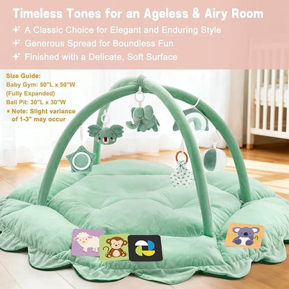 5-in-1 Baby Activity Gym & Play Mat with 6 Hanging Toys, Tummy Time Mat & Cards - Extra Large, Reversible Machine Washable Pad - Gift for Newborns, Infants 0-12 Months, Sage Green