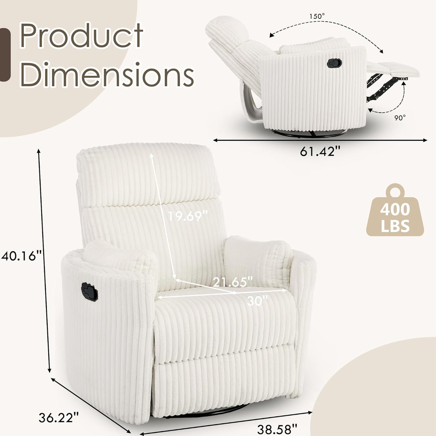 Nursery Rocking Chairs Comfy High Back 360 Swivel Rocker Recliner with 2 Pillows Glider Recliner Nursery Chair for Adults Small Spaces Nursing Bedroom Living Room Beige