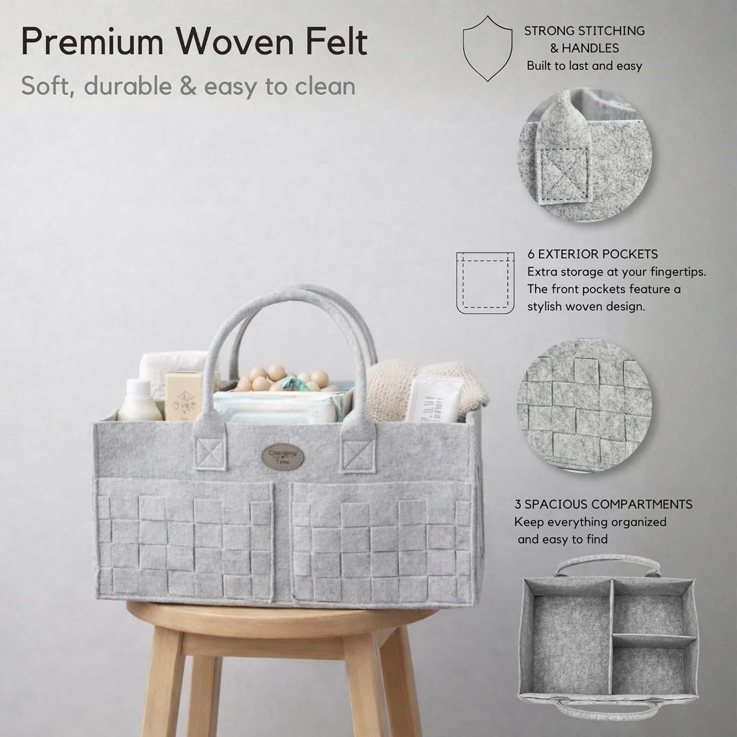 Baby Diaper Caddy Organizer for Nursery – Large Felt Storage Basket for Baby Essentials, Wipes & Diapers – Portable Nursery Organizer Bin for Changing Table or Living Room Light Grey