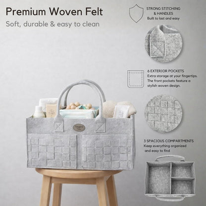 Baby Diaper Caddy Organizer for Nursery – Large Felt Storage Basket for Baby Essentials, Wipes & Diapers – Portable Nursery Organizer Bin for Changing Table or Living Room Light Grey