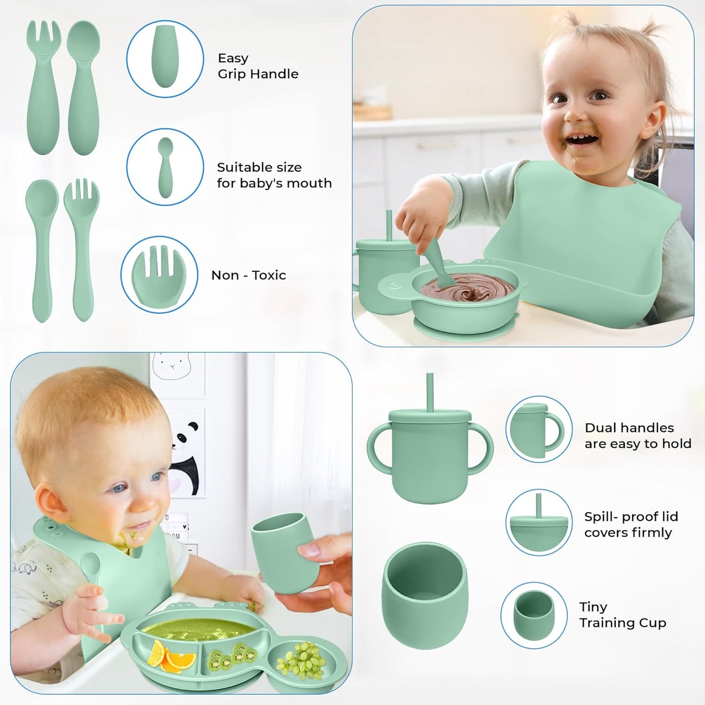 Silicone Baby Feeding Set - 9 Pieces - First Stage Solid Food Eating Baby Utensils - 6+ Months - Crab Shape