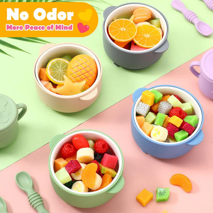 Domensi 4 Sets Kids Porcelain Bowls with Suction Sleeves Toddler Suction Bowl Upgrade Durable Microwave Dishwasher Safe Cereal Soup Snack Dishes for Baby Children Feeding Supplies (Macaron Colors)