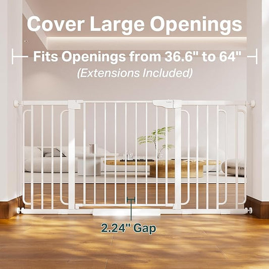 Cumbor 36.6-64" Extra Wide Baby Gate for Stairs, Dog Gates for Doorways, Auto-Close Pet Gate Indoor, Pressure Mounted Walk Through Safety Child Gate for Kids Toddler, Tall Pet Puppy Fence Gate, White