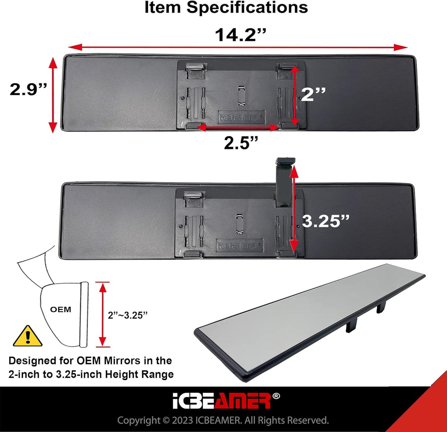 11.8" ICBEAMER Clip On Rear View Mirror | Convex Blue Tint Glass, Panoramic Wide Angle HD Glass, Anti Glare, Universal Fit for Car, SUV, Truck | Eliminates Blind Spots (1 Pack)