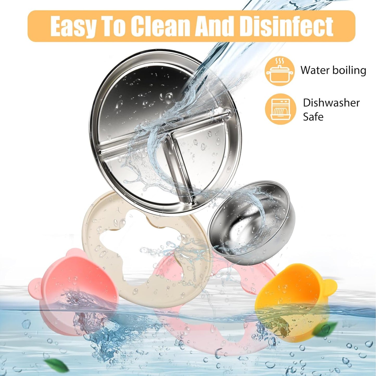 MISSLILI Stainless Steel Baby Plate and Bowls with Suction, Divided Kids Baby Plate and Toddler Bowl with Removable Silicone Suction, Non-Slip Baby Feeding Set Dishwasher Safe，4 Packs