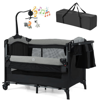HONEY JOY Baby Bedside Sleeper, 6-in-1 Pack and Play w/Infant Bassinet, Diaper Changing Table & Portable Play Yard, 3 Adjustable Heights, Music Box & Side Storage Bag, Carry Bag(Black)