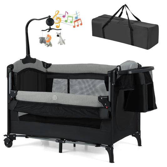 HONEY JOY Baby Bedside Sleeper, 6-in-1 Pack and Play w/Infant Bassinet, Diaper Changing Table & Portable Play Yard, 3 Adjustable Heights, Music Box & Side Storage Bag, Carry Bag(Black)