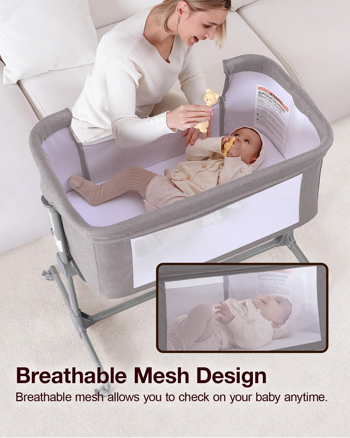 Larex Baby Bassinet, 3 in 1 Bassinets Bedside Sleeper Crib Sleeper for Newborn, Portable Crib Adjustable 7 Height Bedside Bassinet with Mattress and Movable Wheels，Breathable Mattress&Mesh(Dark Grey)