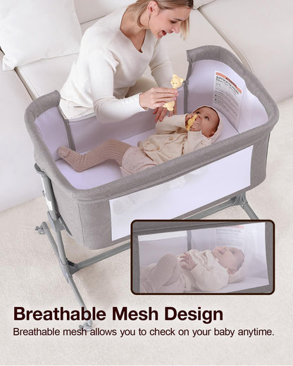 Larex Baby Bassinet, 3 in 1 Bassinets Bedside Sleeper Crib Sleeper for Newborn, Portable Crib Adjustable 7 Height Bedside Bassinet with Mattress and Movable Wheels，Breathable Mattress&Mesh(Dark Grey)