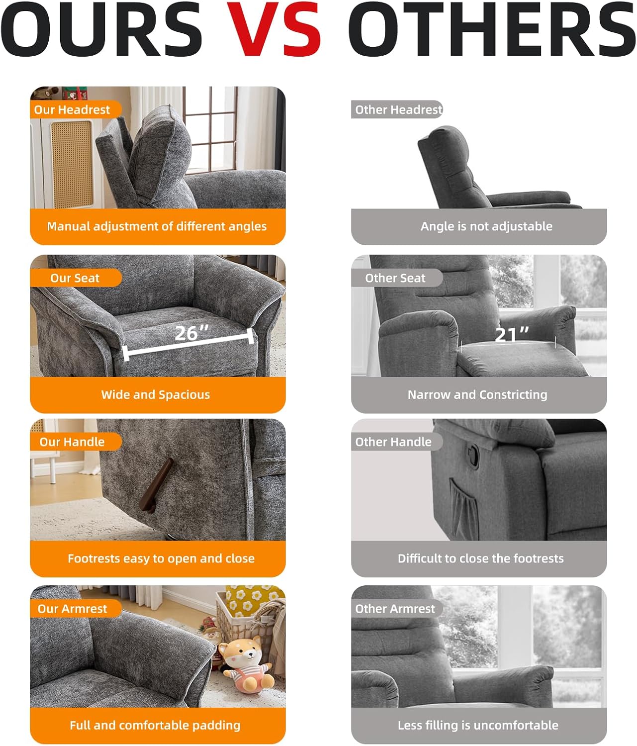 Oversized Glider Rocker Recliner, 26" Extra Wide 360° Swivel Nursery Recliner with Adjustable Headrest, Chenille Rocking Nursery Chair with Overstuffed Armrest, Lumbar Support, Light Grey