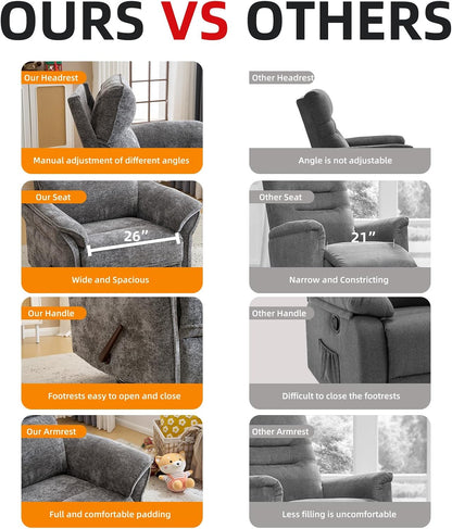 Oversized Glider Rocker Recliner, 26" Extra Wide 360° Swivel Nursery Recliner with Adjustable Headrest, Chenille Rocking Nursery Chair with Overstuffed Armrest, Lumbar Support, Light Grey