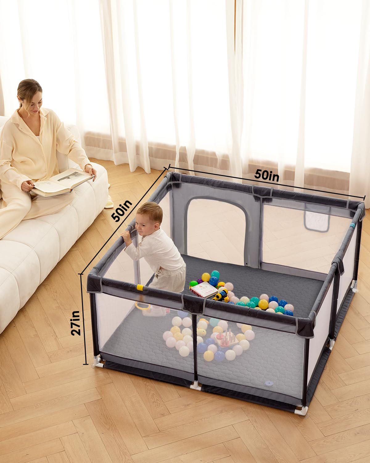 Baby Playpen with Mat, 71" x 59" Extra Large Play Yard for Babies and Toddlers, Baby Fence with Soft Thick Play Mat, Indoor Safety Activity Center for Infants, Easy to Assemble and Clean（Gray）