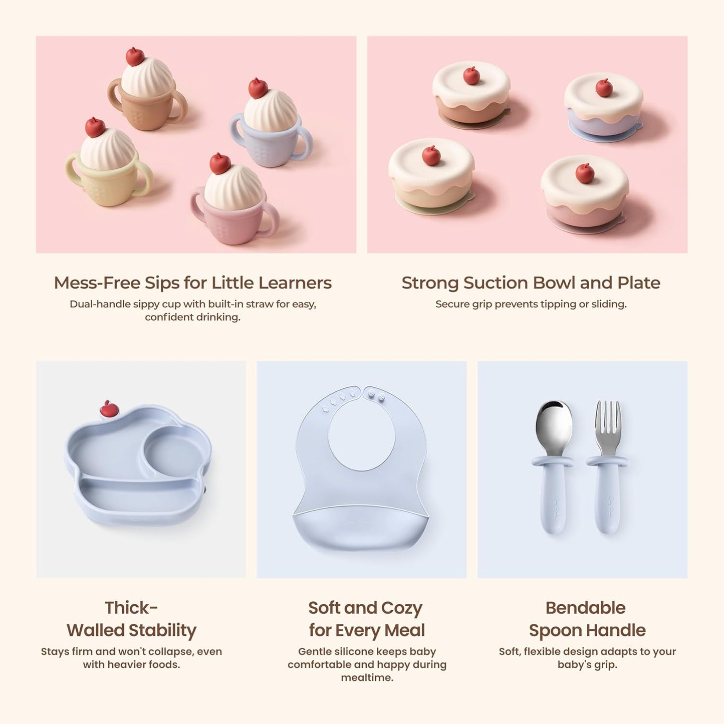 Silicone Baby Feeding Set, Gelato Collection Baby Led Weaning Supplies, First Self-Feeding Ice Cream Set, Silicone Suction Bowl with Cherry Lid & Plate, Straw Cup & Bib, Fork & Spoon - Pink