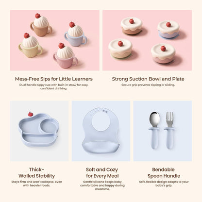 Silicone Baby Feeding Set, Gelato Collection Baby Led Weaning Supplies, First Self-Feeding Ice Cream Set, Silicone Suction Bowl with Cherry Lid & Plate, Straw Cup & Bib, Fork & Spoon - Pink
