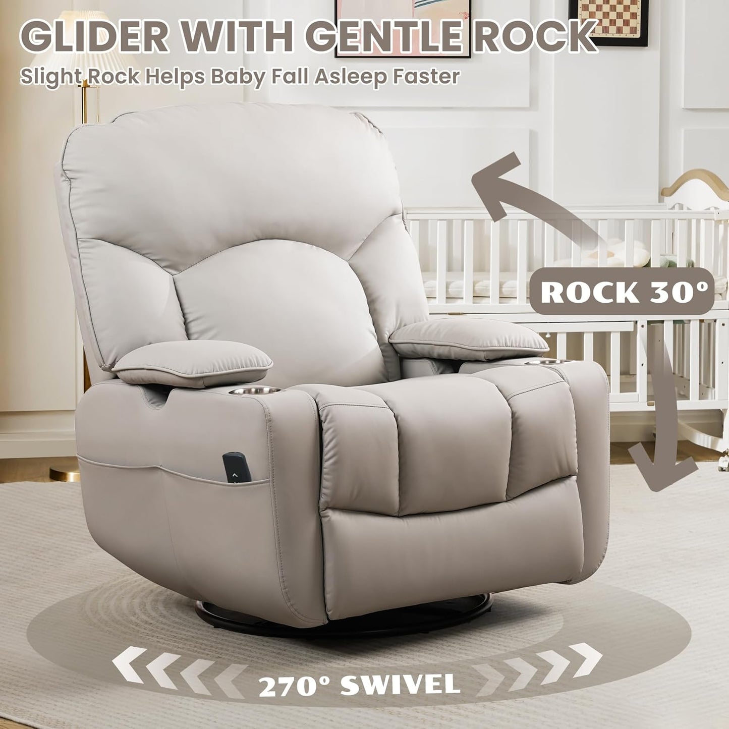 GRAINELL Oversize Power Swivel Recliner, 40in Wide Electric Glider Rocking Chair with Headrest Adjustment, USB Port, 270° Swivel, Rock 30° – for Living Room, Nursery, Black (5" 7' to 6" 1' Height)