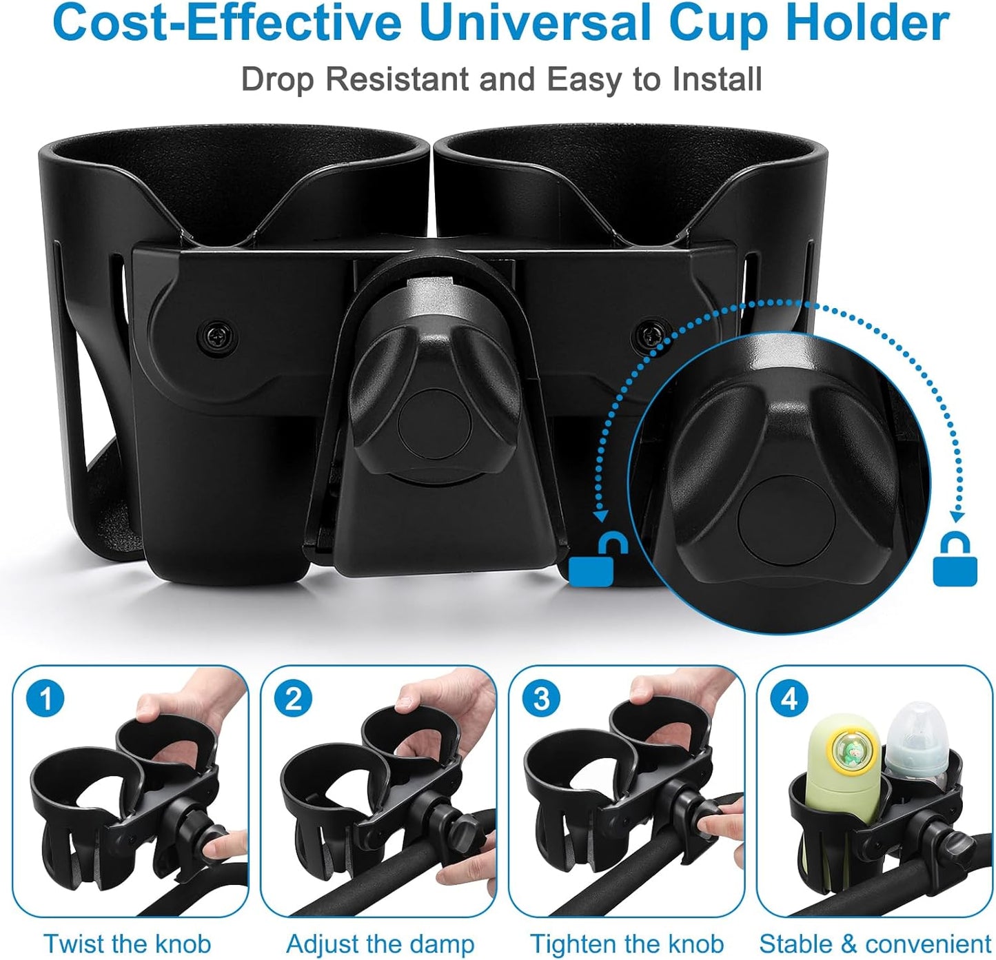 Accmor Universal Cup Holder, Stroller Cup Holder with Phone Holder, 360° Rotatable Large Caliber Designed Bottle Holder for Stroller, Bike, Wheelchair, Walker, Scooter
