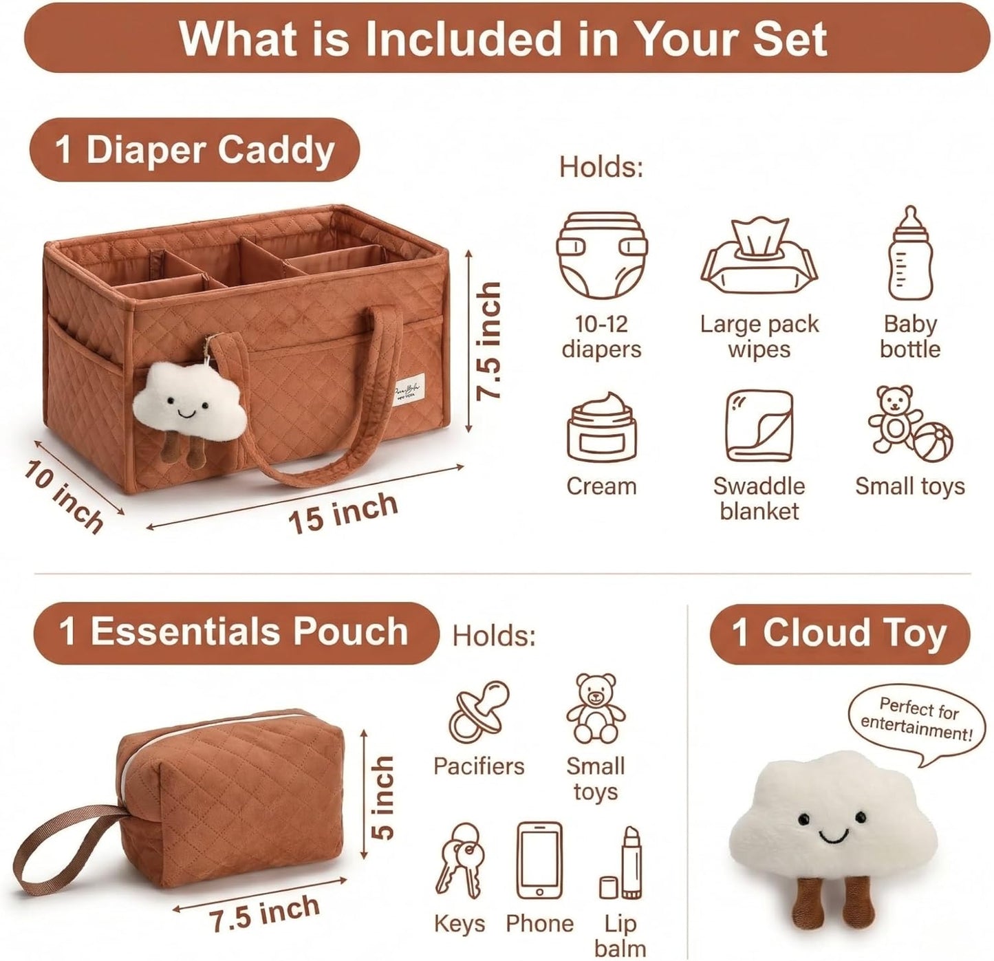 PeraBella Baby Diaper Caddy Organizer, Baby Basket Shower Gift, Portable Changing Table Basket, Postpartum Caddy & Tote Bag Pouch, Newborn Boy & Girl Nursery Essentials Registry, Car Diaper Organizer