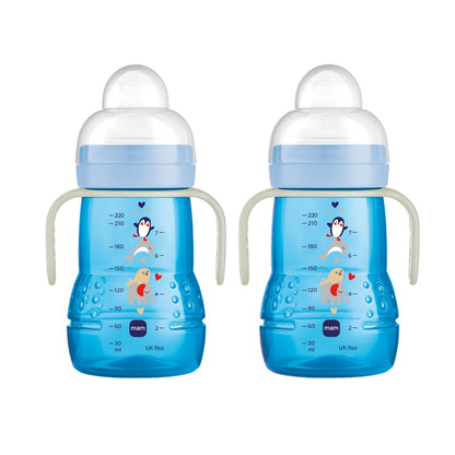 MAM 8 oz Trainer + Sippy Cup 2-Pack, 4+ Months 2-in-1 Baby Training Cup with Nipple & Silicone Spout, Spill Proof, BPA Free, Dishwasher Safe, Made In Europe