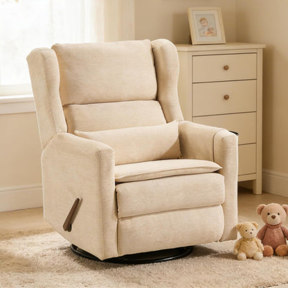 Power Recliner Chair Swivel Glider with Adjustable Headrest，Oversized Swivel Rocker Recliner with Lumbar Support, Upholstered Nursery Glider Recliner for Living Room,White