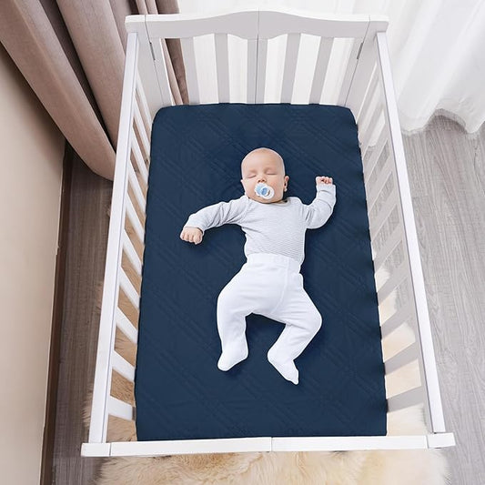 david's kids 2 Pack Waterproof Mini Crib Mattress Protector, Fit Pack N Play, Playard and Mini Crib Mattresses, Ultra Soft Breathable Pad Cover for Boys Girls Neutral, Grey & Navy Blue Checker