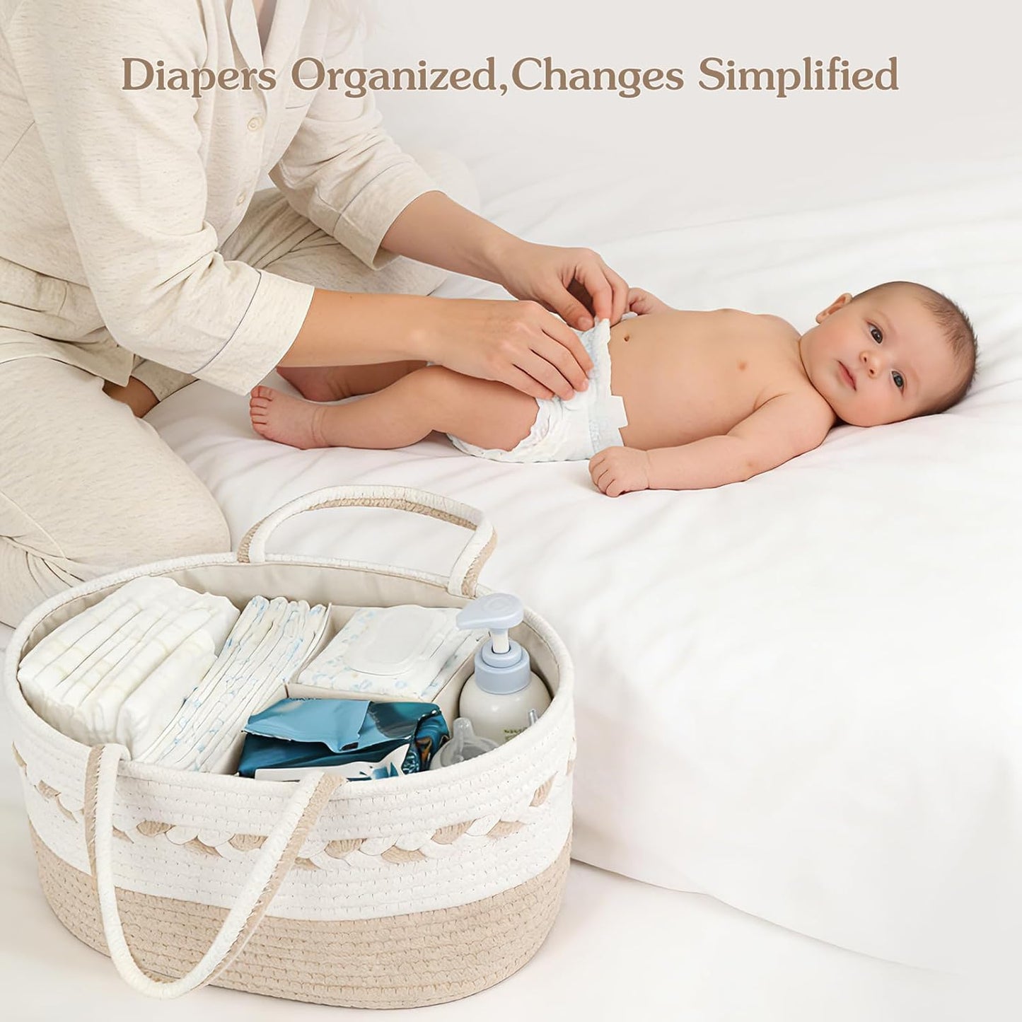 Diaper caddy Organizer, Cotton Rope Gift Basket with Removable Divider, Nursery Storage Organizer for Baby Essentials, Changing Table Diaper Storage Caddy (Pink)