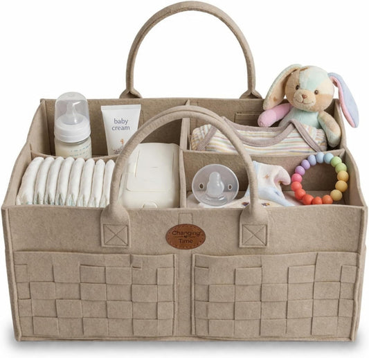 Baby Diaper Caddy Organizer for Nursery – Large Felt Storage Basket for Baby Essentials, Wipes & Diapers – Portable Nursery Organizer Bin for Changing Table or Living Room Light Grey