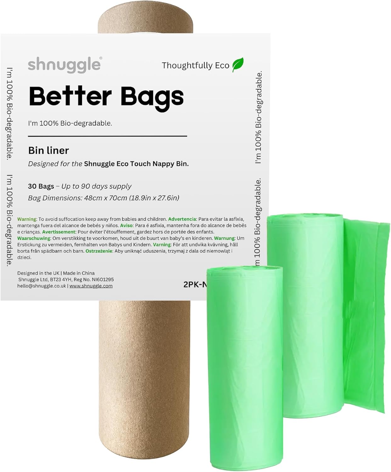 Shnuggle Better Bag Diaper Pail Liners - 30 Count (2 Packs of 15) - Plant-Based Refill Bags - Compatible with Shnuggle Eco-Touch Pail