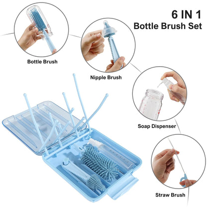 Bottle Brush Set -Baby Travel Essential-6 in 1 Bottle Cleaner Kit with Silicone Bottle Brush,Nipple Cleaner Brush,Straw Brush,Soap Dispenser,Storage Box,Bottle Drying Rack for Home and Travel(Green)