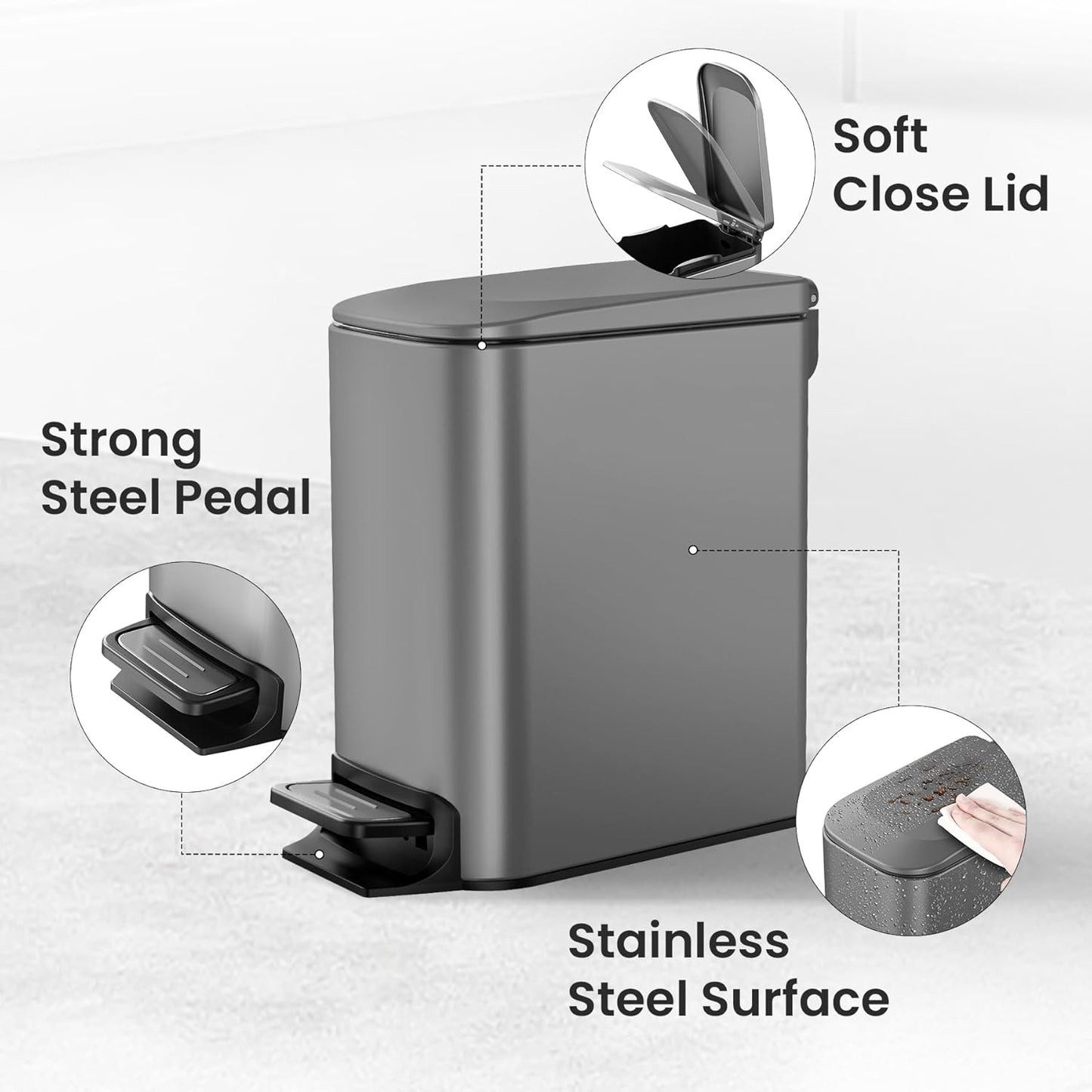 Cesun Small Bathroom Trash Can with Lid Soft Close, Step Pedal, 6 Liter / 1.6 Gallon Stainless Steel Slim Garbage Can for Bedroom, Diaper Waste Basket with Removable Inner Bucket (White)
