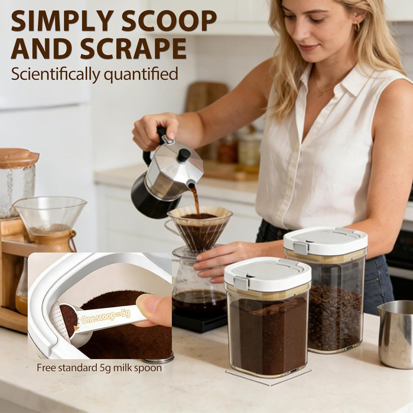 Airtight Coffee Canister-27oz Sugar and Dry Food Container BPA Free with Spoon and Layered Storage for Grounds Coffee, Beans, Tea, Sugar, Flour, Cereal,Formula