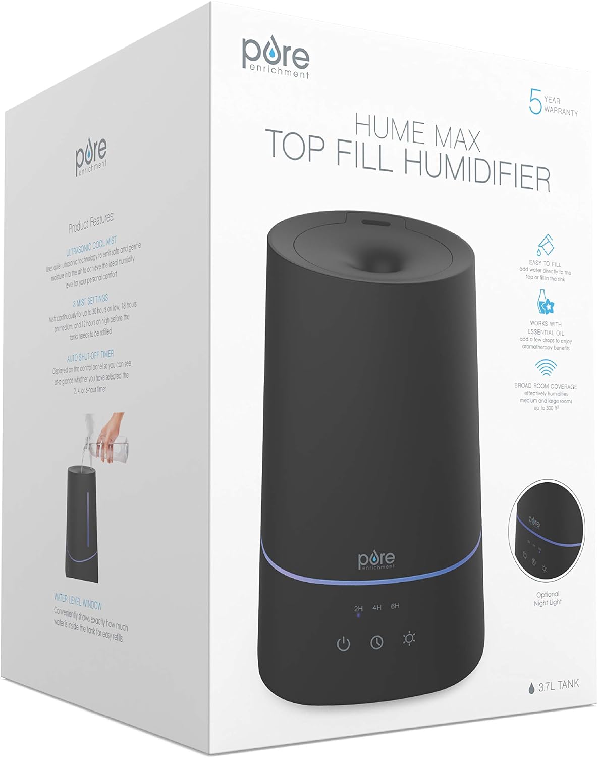 Pure Enrichment HUME Max - Easy Top-Fill Ultrasonic Cool Mist Humidifier, 3.7-L (1 Gallon) Water Tank, 3 Mist Settings, & Auto Shut-Off Timer - Ideal for Large Bedrooms, Nurseries & Dry Areas (White)