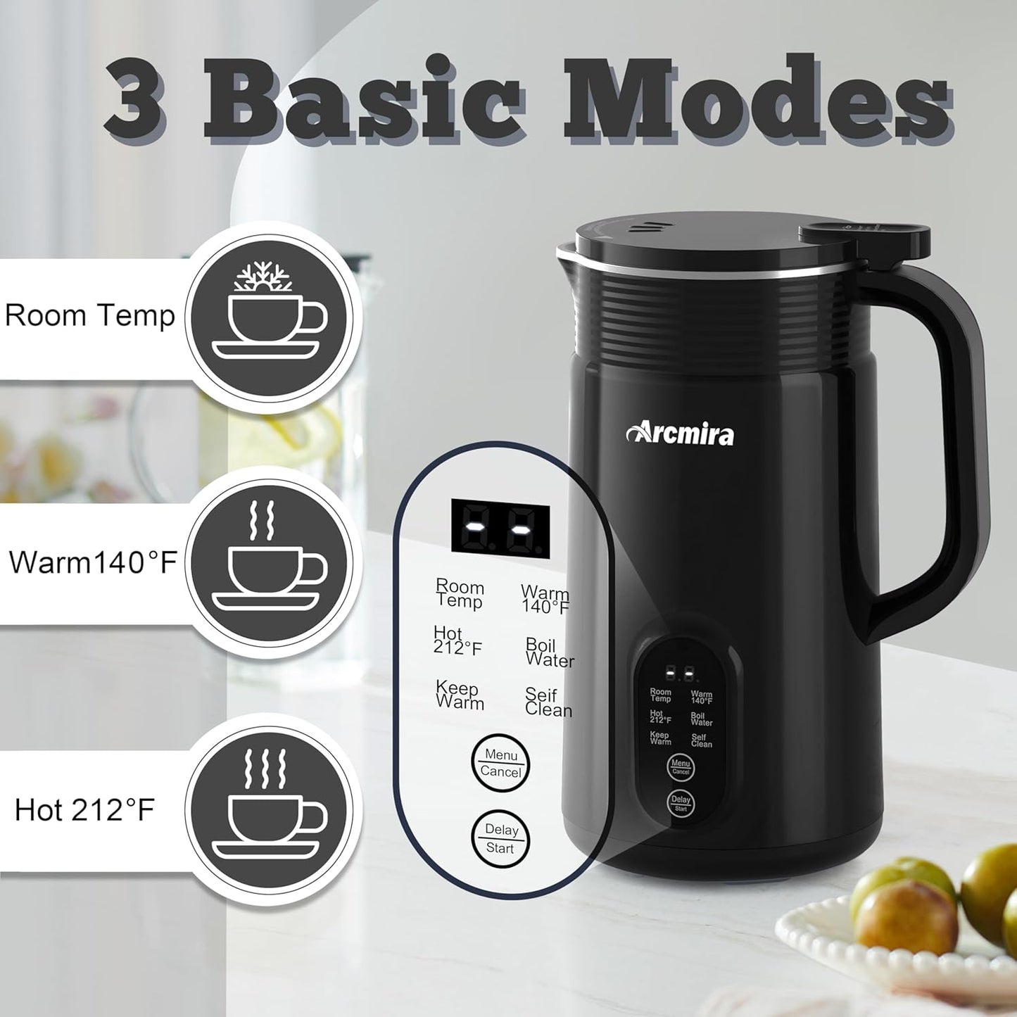 Arcmira 𝟲 𝗶𝗻 𝟭 Nut Milk Maker, 20 oz(600ml) Homemade Almond, Oat, Soy, Coconut, Plant Based and Non Dairy Beverages, Milk Blender Machine with Delay Start, Keep Warm, Boil Water, Self Cleaning