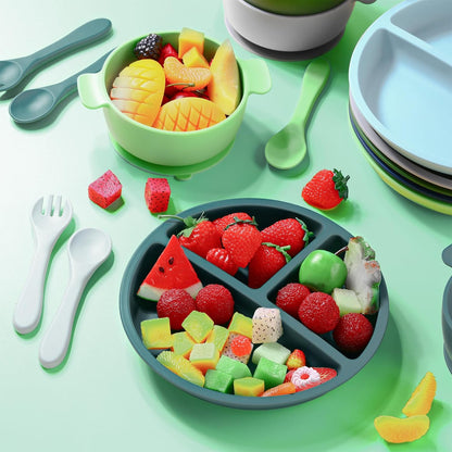 Dandat 24 Pcs Silicone Baby Feeding Set,6 Baby Toddler Suction Bowls 6 Divided Suction Plates with 6 Forks 6 Spoons, Utensils Set for Weaning Infant Feeding and Eating, 6 Styles (Elegant Color)