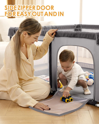 Baby Playpen with Mat, 71" x 59" Extra Large Play Yard for Babies and Toddlers, Baby Fence with Soft Thick Play Mat, Indoor Safety Activity Center for Infants, Easy to Assemble and Clean（Gray）