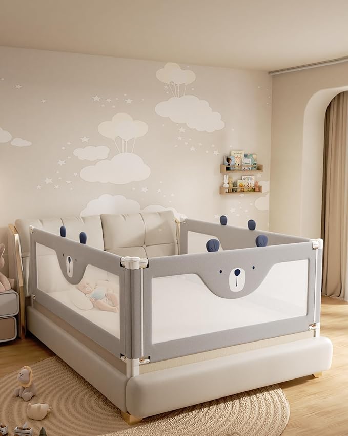 Baby Bed Rail Guard for Toddlers, Reinforced 54in Toddler Bed Rails for Full Bed with Height Adjustable, Extral Tall Child Safety Side Railing Guards/Bedrail for Kids, Grey Bear, 1 Side 54" Lx28 H
