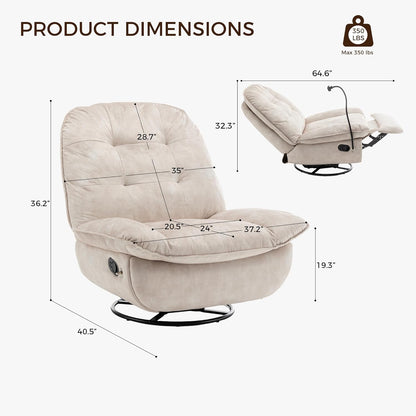 Swivel Rocker Recliner Chair for Adult, Glider Nursery Rocking Chair, Armless Manual Single Recliner Sofa for Living Room, Oversized & Overstuffed, Phone Holder Included, Light Brown Velvet