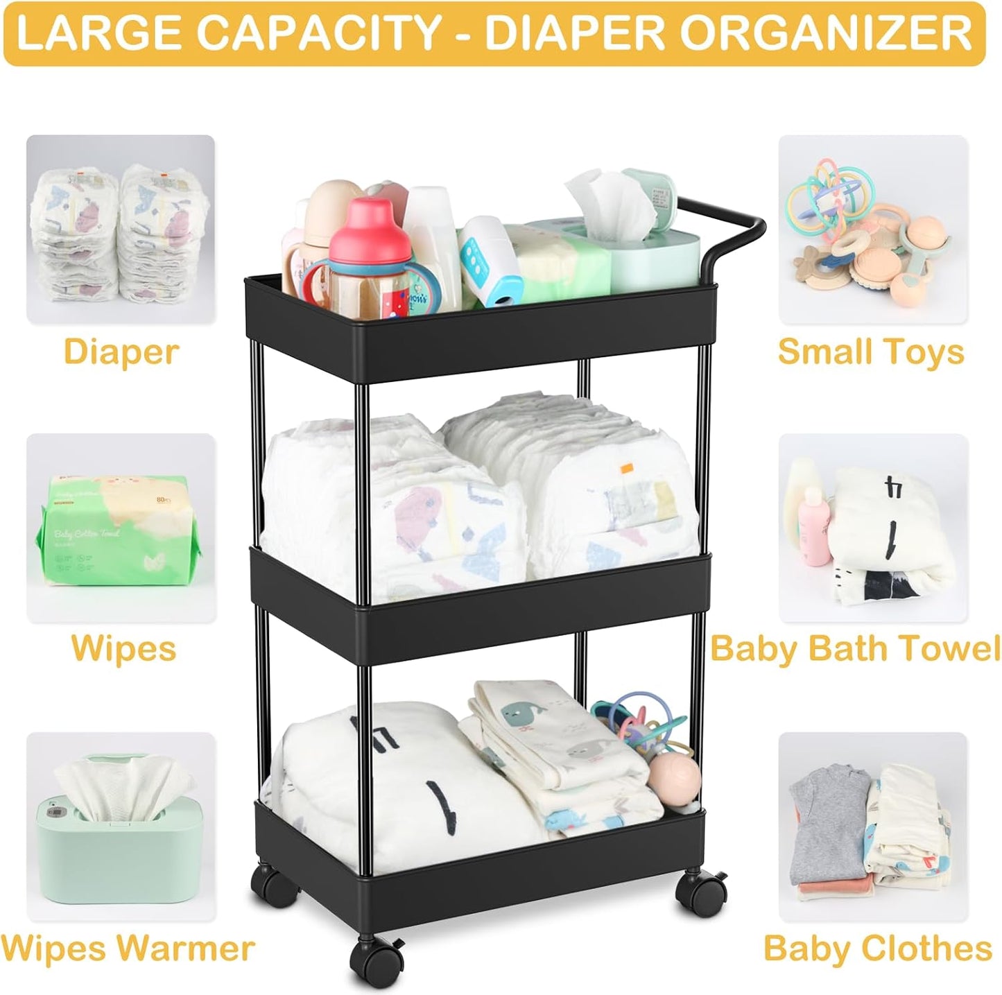 Volnamal Baby Diaper Caddy, Plastic Movable Cart for Newborn Nursery Essentials Diaper Storage Caddy Organizer for Changing Table & Crib, Easy to Assemble, Beige