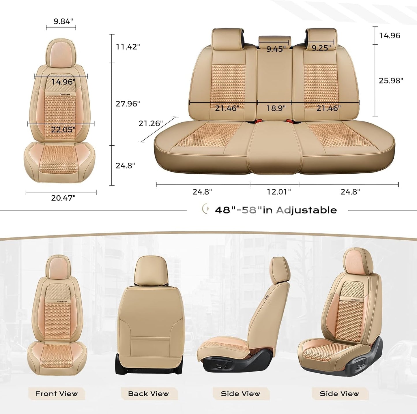 Coverado Leather Seat Covers for Car, Waterproof Car Seat Covers Full Set, 2 in 1 Conversions Car Seat Cover Protector Car Accessories Universal Fit for Most Cars SUVs and Trucks Beige