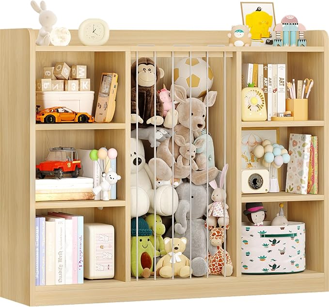 Toddler Stuffed Animal Zoo, Toy Storage Organizer for Playroom, Plush Toy Organizers and Storage, Book Shelf for Kids Rooms, Elastic Band Child Bookcase, Toy Shelf with 8 Storage Cubbies (Maple Wood)