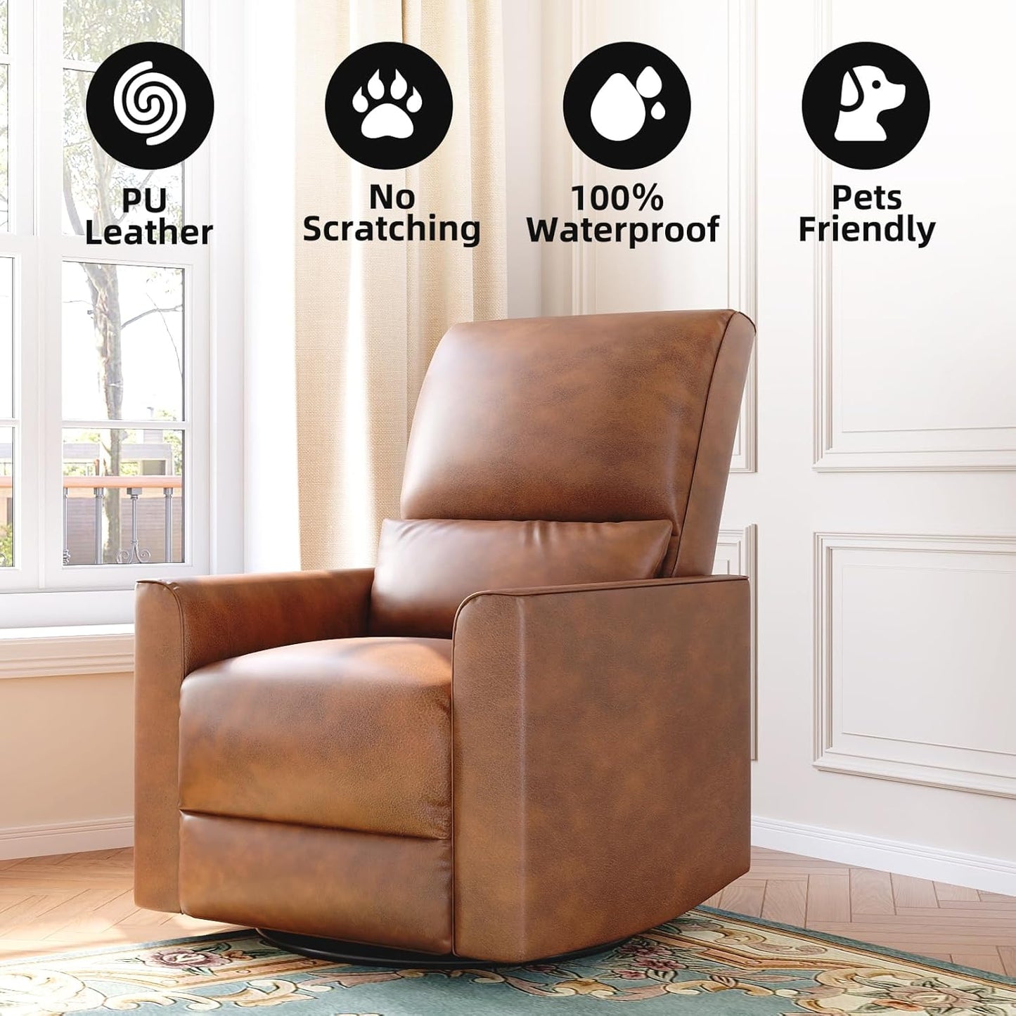 GAOMON Swivel Rocking Recliner Chair, Manual Leather Recliner Glider with Lumbar Support & Padded Armrest, Comfortable Rocker Nursery Single Sofa for Living Room and Bedroom (Cream)