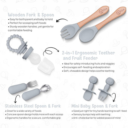 O'doe 17-Piece BPA-Free Silicone Baby Feeding Set | Thick & Soft Suction Plates, Baby Bowls, Wooden Fork & Spoon, and More | Make Mealtime Fun and Easy for Your Little One (Purple, V2)