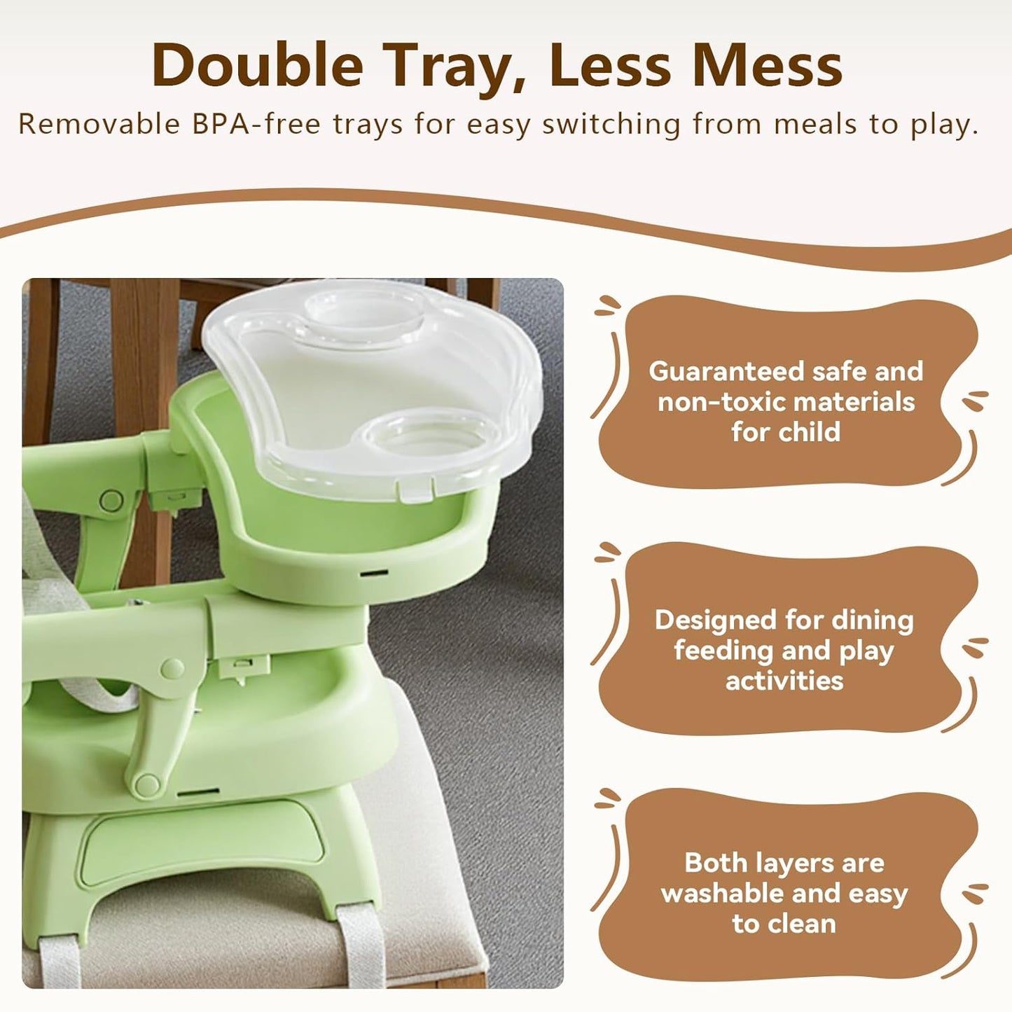 Booster Seat for Kitchen Chair, 3-in-1 Foldable & Portable Booster Seat with Tray, Extra Dishwasher-Safe Tray, Safety Straps for 6–18M (Up to 30 lbs), for Dining Table, Travel & Camping, Gray