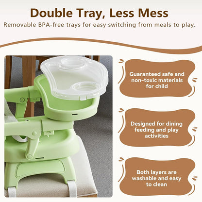 Booster Seat for Kitchen Chair, 3-in-1 Foldable & Portable Booster Seat with Tray, Extra Dishwasher-Safe Tray, Safety Straps for 6–18M (Up to 30 lbs), for Dining Table, Travel & Camping, Gray